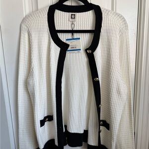 Anne Klein White Waffle Knit Cardigan with Black Trim
